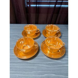 Vintage Fire-King Peach Lustre Cups & Saucers (Set of‎ 4) – 1950s Anchor Hocking